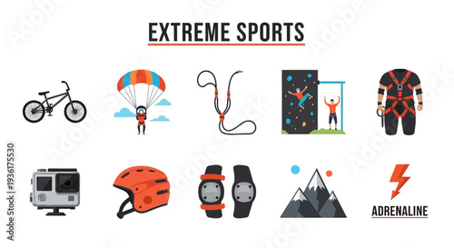 A collection of ten flat icons related to extreme sports activities and gear
