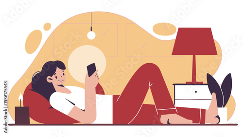A young woman dressed in red loungewear lies on a beanbag and uses her smartphone in a cozy room with a lamp and a white bedside table.