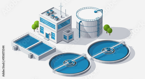 Modern Water Treatment Plant Facility Isometric Illustration.