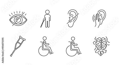 Disability Icons: Blindness, Deafness, Mobility Impairment, Brain Injury, Crutch