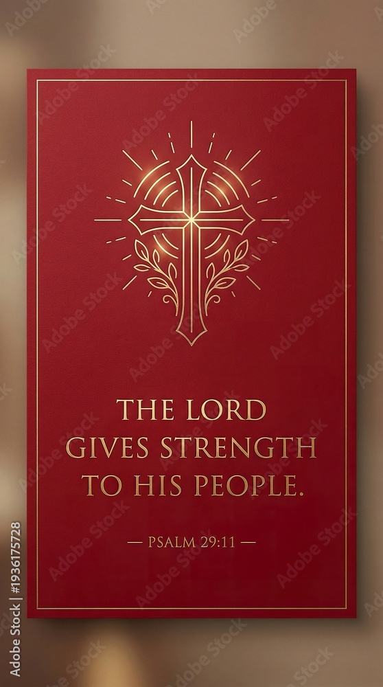 Fototapeta premium Minimal radiant blessing symbol in gold line, matte red background, luxury Christian poster, Bible verse “The Lord gives strength to His people — Psalm 29:11”