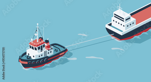 Tugboat pulling a large cargo ship across the water.