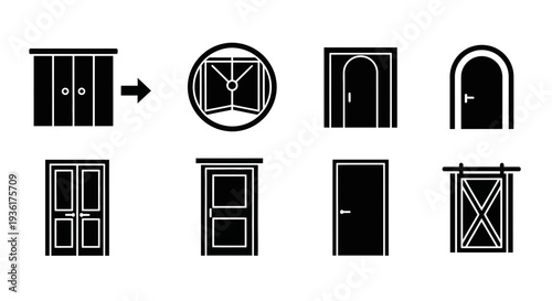 Collection of diverse door icons and illustrations, interior and exterior types