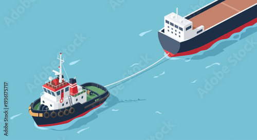 Tugboat towing a large cargo ship across the ocean.