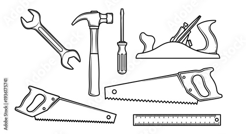 Set of Hand Tools for Carpentry and Repair - Saw, Hammer, Wrench, Screwdriver, Plane, Ruler