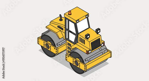 Yellow Steamroller Construction Vehicle Isometric Illustration.