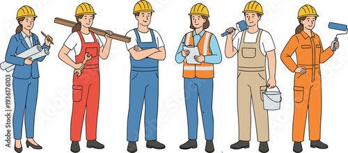 Diverse construction workers team with tools and safety helmets, professional builders and engineers isolated on white background illustration