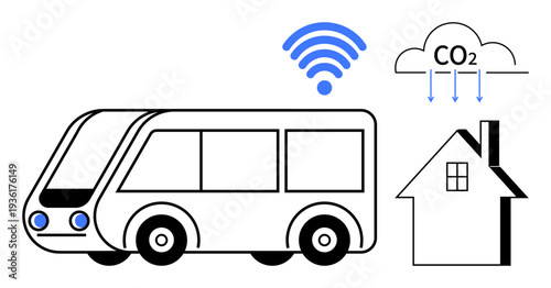 Smart cities, IoT solutions, sustainable transport, CO2 tracking, connected living, environmental impact. Electric bus, cloud with CO2 wireless symbol home. IoT solutions and sustainable transport