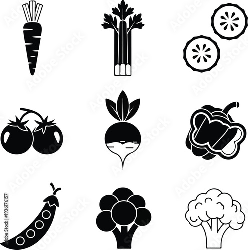 Collection of vegetable silhouettes in black and white.