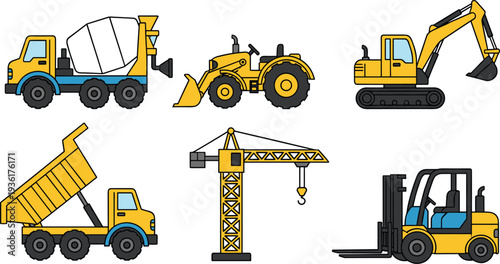 Construction machinery set including excavator bulldozer dump truck crane forklift and concrete mixer, heavy equipment vehicles illustration isolated on white background