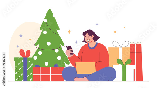 A smiling woman sitting on the floor with a laptop and smartphone next to a decorated green Christmas tree and various colorful gift boxes.