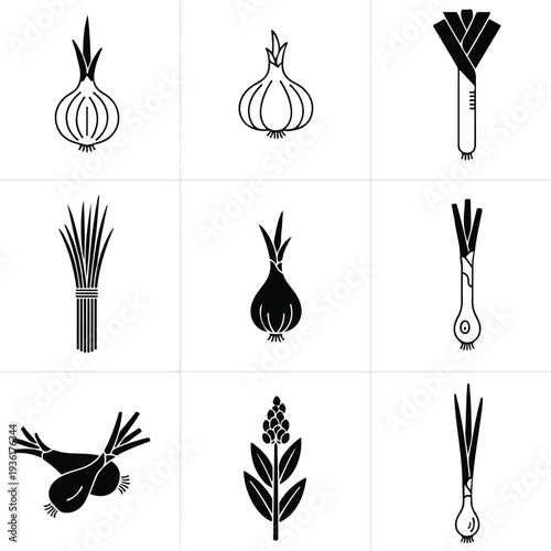 Allium Vegetables Onion Garlic Leek Scallion Chive Silhouettes.