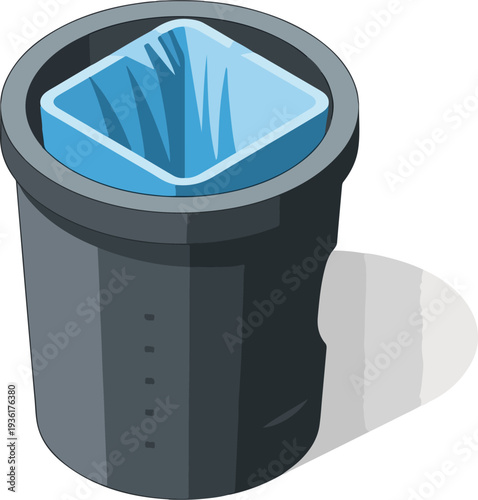 Blue lined trash can with open top.