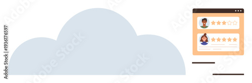 Cloud computing, customer feedback, user ratings, digital services, online evaluation, data storage. Cloud icon paired with rating system interface. Cloud computing and customer feedback concept