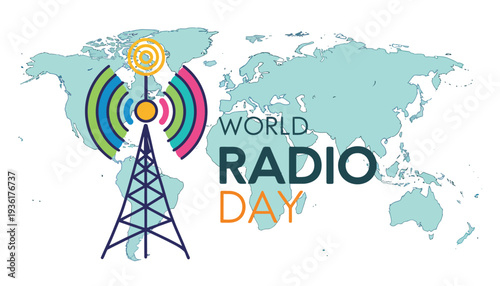 Radio tower icon on a world map for World Radio Day celebration