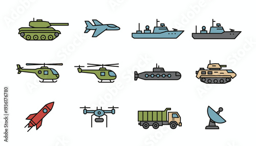 flat vector icon collection military equipment ico