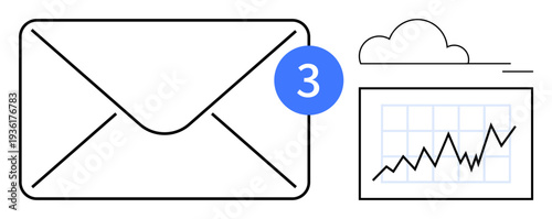 Email notifications, data analysis, cloud storage, digital communication, trends tracking, business tools. An envelope with a notification badge and a chart in a browser window. Email notifications