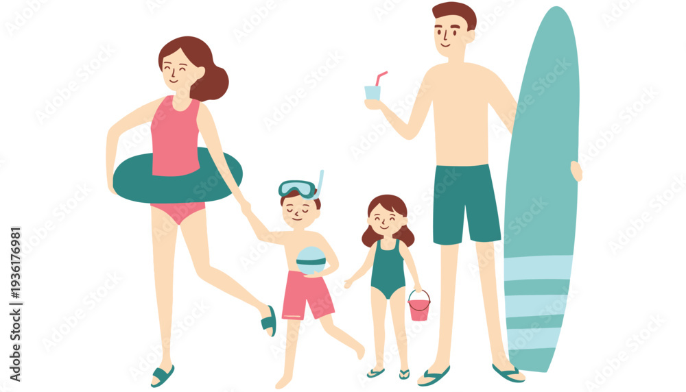 Fototapeta premium Family enjoying a day at the beach with surfboard and swimwear