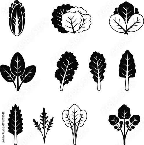 Assortment of leafy green vegetables silhouettes.