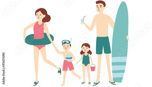 Family enjoying a day at the beach with surfboard and swimwear
