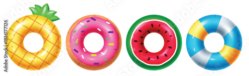 Vector Set of Colorful Inflatable Swim Rings: Pineapple, Pink Donut, Watermelon, and Striped Buoy.