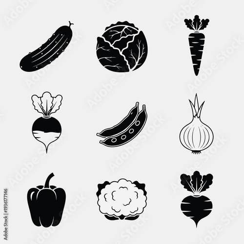 Assorted vegetable icons silhouette collection in black.