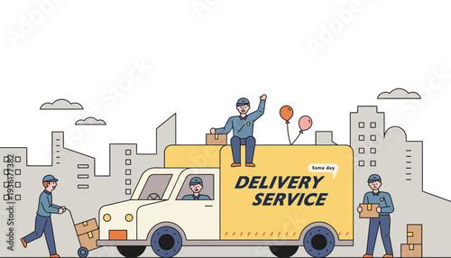 Delivery truck with workers transporting packages in the city