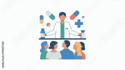 Pharmacist consulting patients on medication at a pharmacy counter with pills and medical symbols around