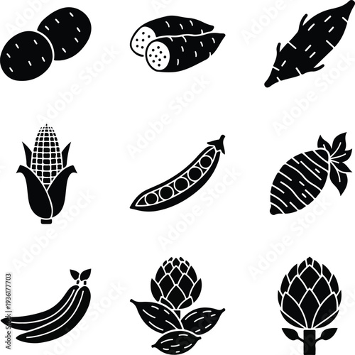 Assorted vegetable and fruit silhouette icons collection.
