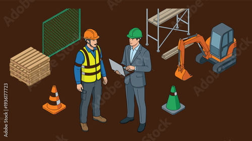 Construction site safety inspection with engineer and contractor discussing project plans and equipment