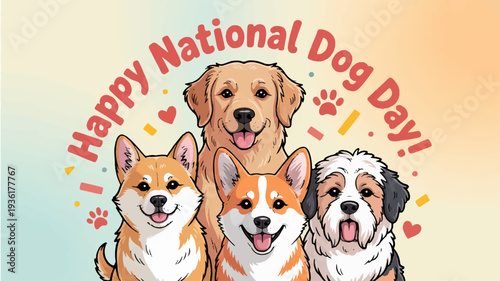 Four happy dogs celebrating national dog day with colorful background and text