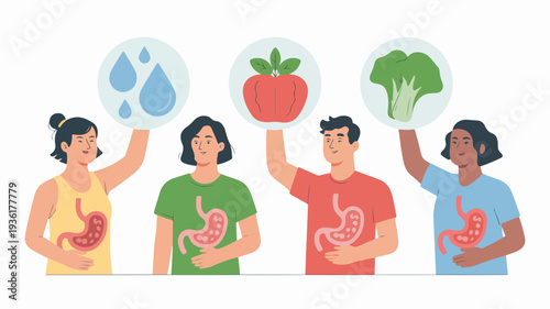 Gut health awareness concept four people holding digestive system illustrations with healthy food and water symbols