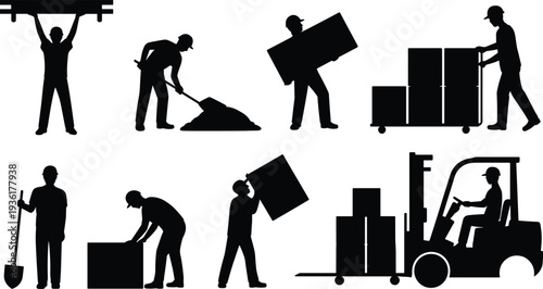 PrintWarehouse worker silhouettes, manual labor icons, industrial job figures, lifting boxes vector, forklift operator design, shoveling tasks art, cargo handling illustration