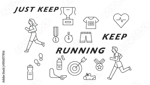 Running icon illustration with motivational phrases and fitness symbols
