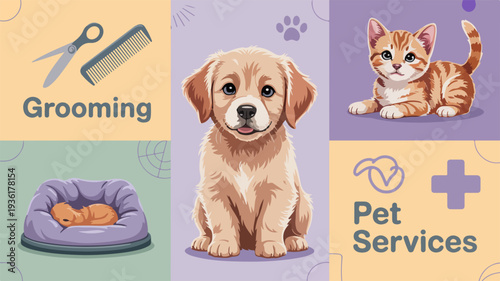 Pet grooming and services flyer template with cute dog cat and fish illustrations for business use