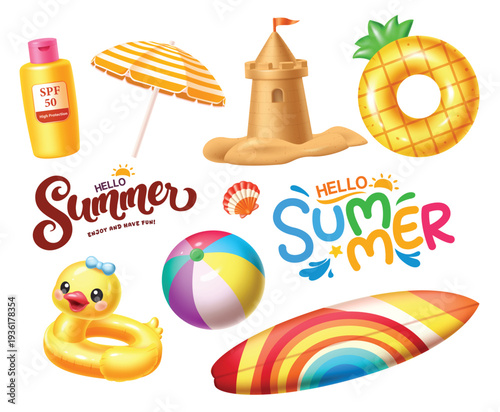 Summer Beach Element Set Featuring Inflatable Duck, Surfboard, Sandcastle, and Sunscreen Icon.