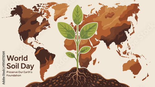 World soil day vector illustration with green plant growing out of soil on a world map background