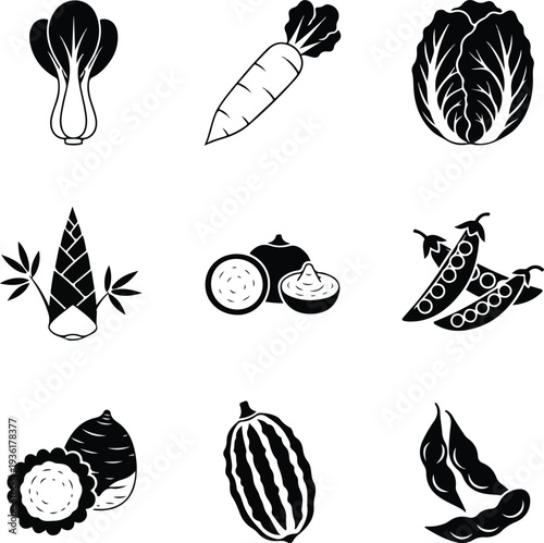 Assorted Vegetable Illustrations in Black White Style.
