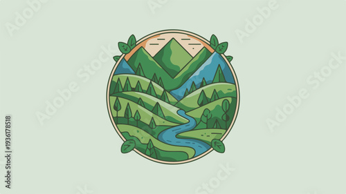 Eco friendly mountain landscape with river and lush greenery in a circular frame with leaves on a light green background