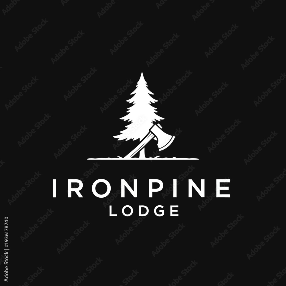 Obraz premium Rustic logo design featuring a pine tree and an axe for a lodge.