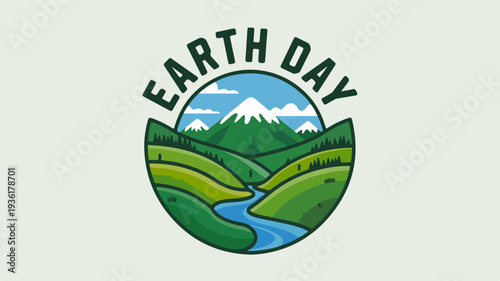 Earth day eco friendly illustration of a green landscape with a river and mountains