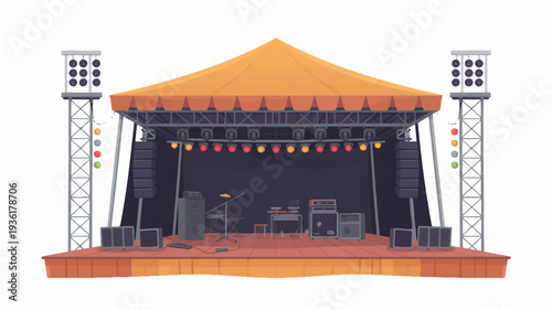 Outdoor concert stage with orange roof and metal towers empty and ready for music festival or event daytime setting