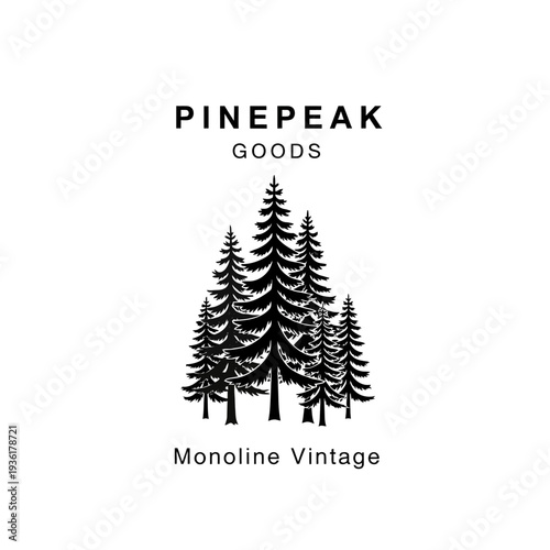 Pinepeak Goods Monoline Vintage Logo with Pine Trees.