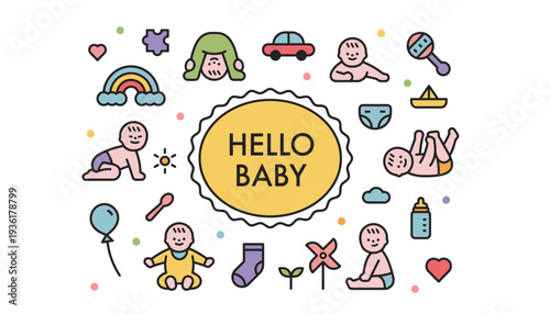 Baby illustration set with colorful cartoon characters and hello baby sign