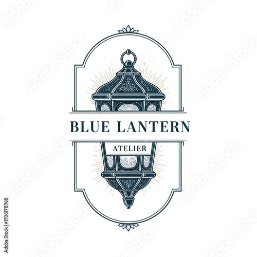 Vintage blue lantern logo illustration for an artistic atelier.