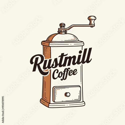 Vintage Coffee Grinder with Rustmill Coffee Logo.