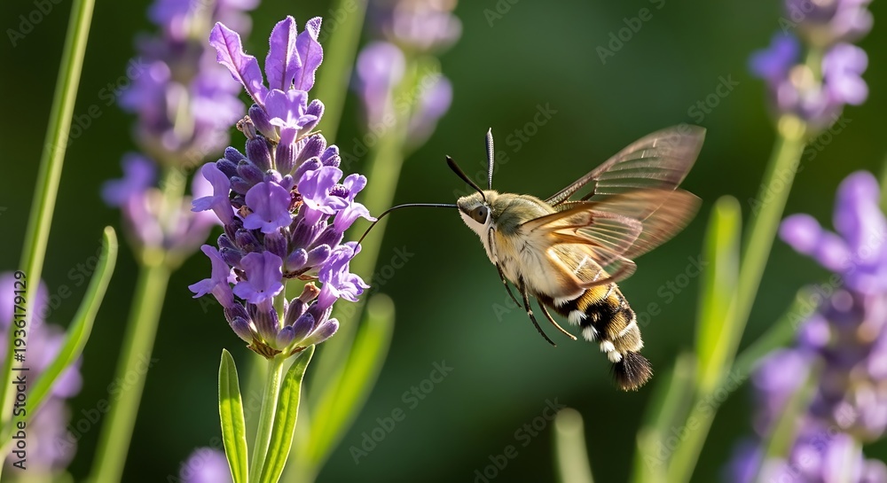 Fototapeta premium Hummingbird Hawk Moth Feeding on Lavender Flowers.
