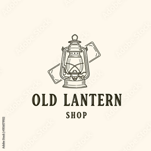 Vintage old lantern logo design in a classic line art style.