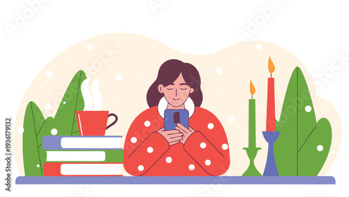 A woman wearing a red polka-dot sweater sits at a desk using her smartphone with books and a steaming cup of coffee in a cozy winter room.