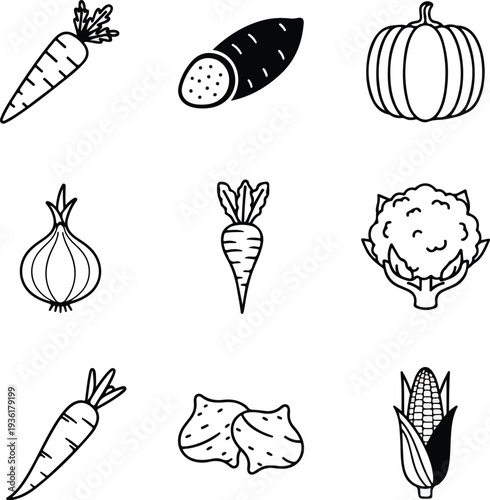 Vegetables line art icons collection set.